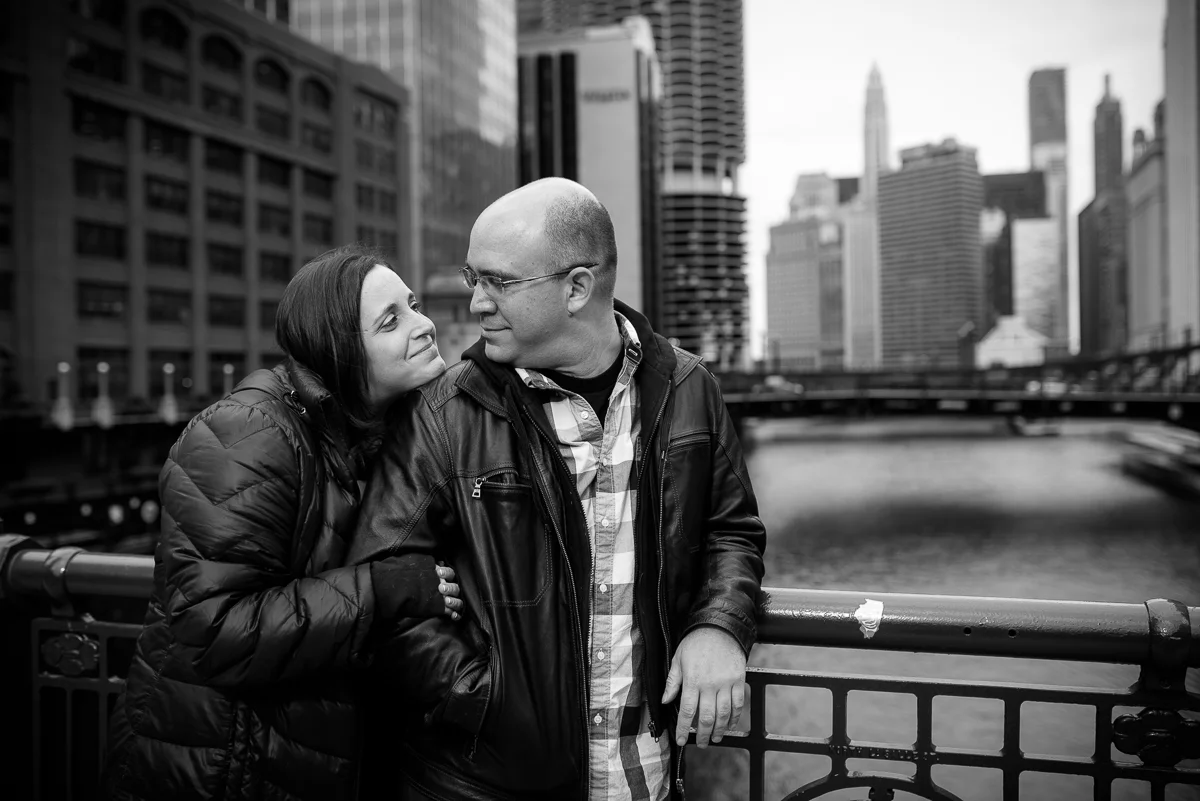 LaSalle Street Bridge Chicago engagement session.
