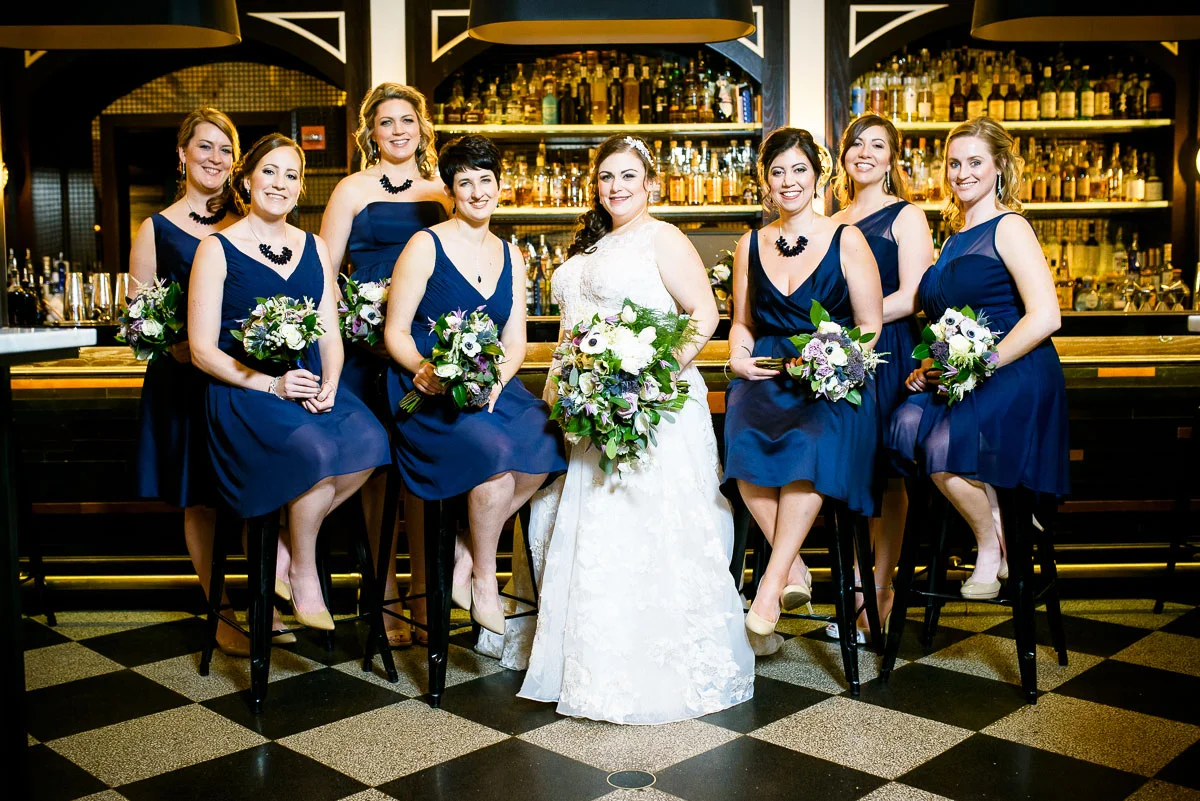 Portrait of the bridesmaids at The Berkshire Room in Chicago. 