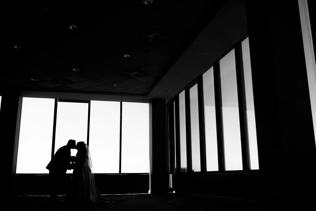 Bridal silhouette on the top floor of the DoubleTree Skokie on the couple's wedding day. 