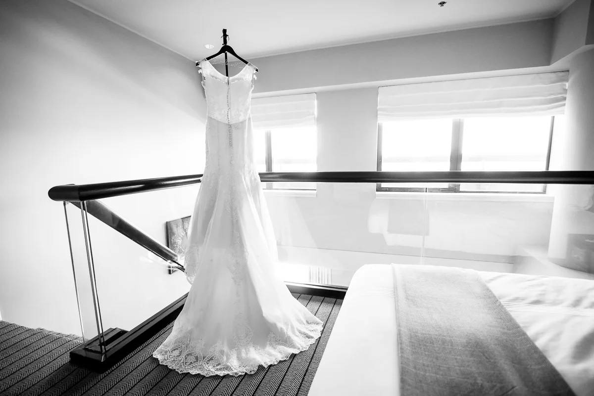 Detail photo of the wedding dress at the Thompson Chicago. 