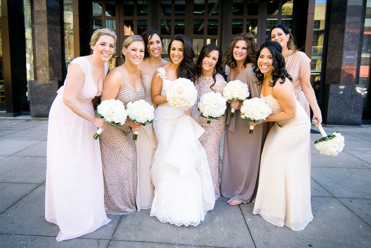 Bridesmaids on the wedding day outside the Thompson Chicago. 