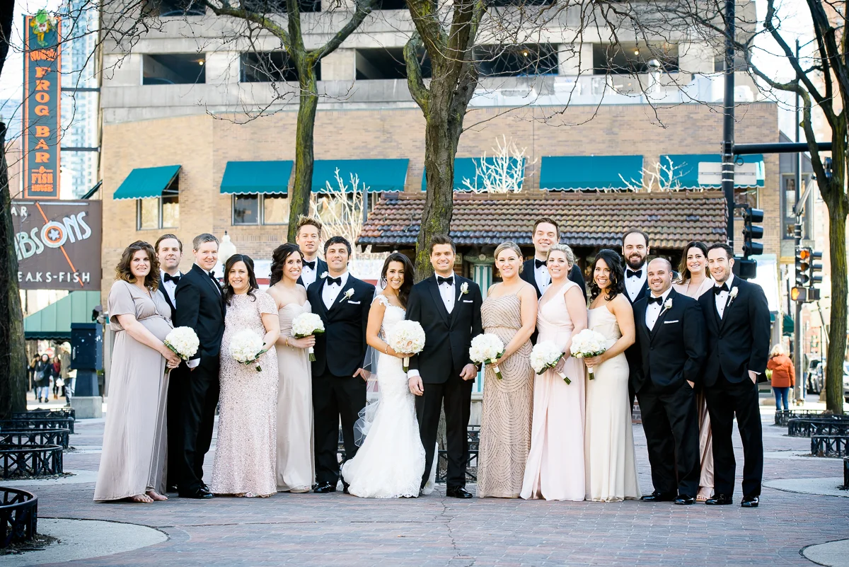 Bridal party photo in Mariano Park. 