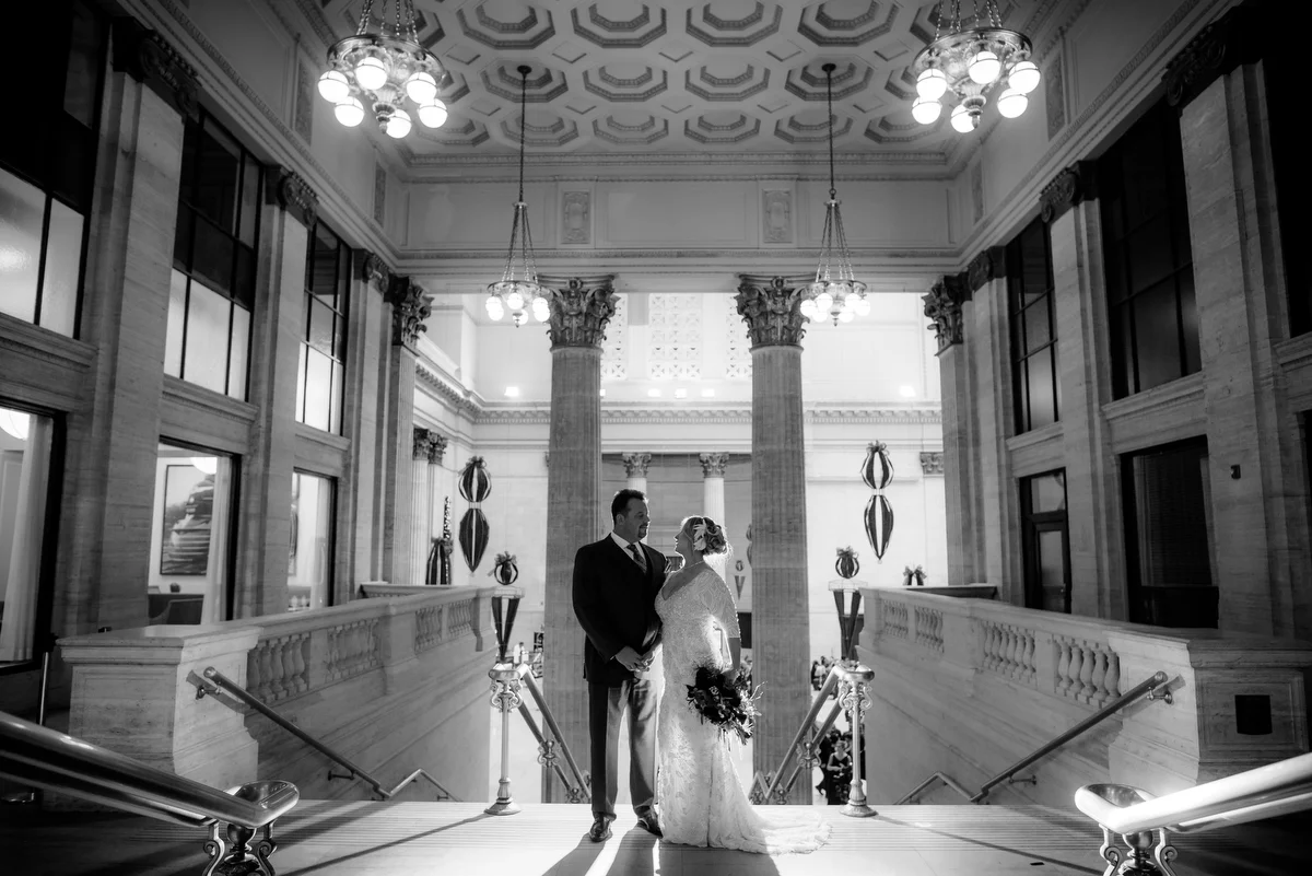Bride & groom fine art wedding portrait at Union Station Chicago. 