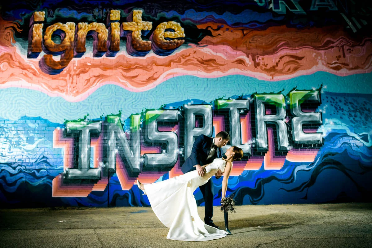 Creative wedding night portrait outside Moonlight Studios Chicago. 