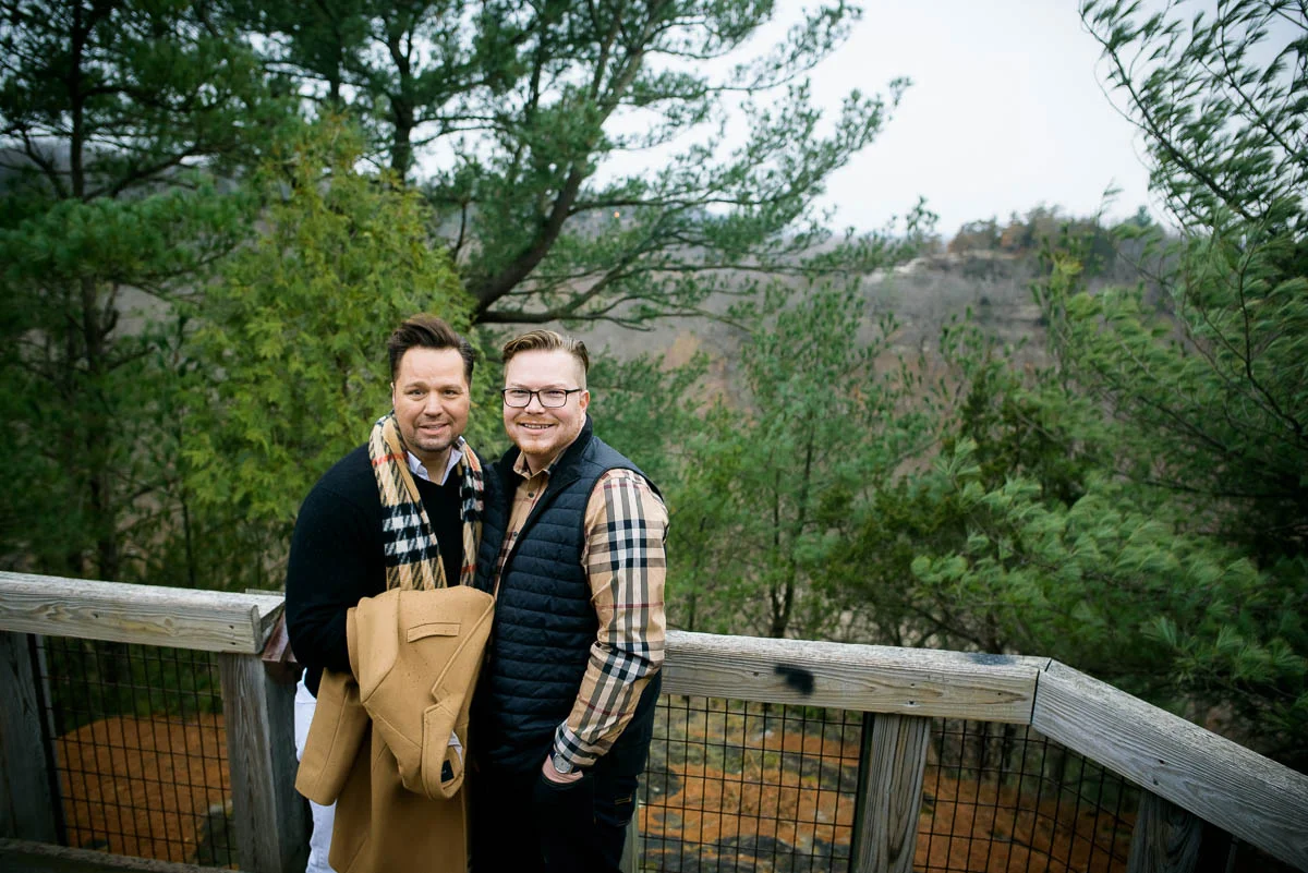 Same sex gay engagement session at Starved Rock State Park Illinois. 