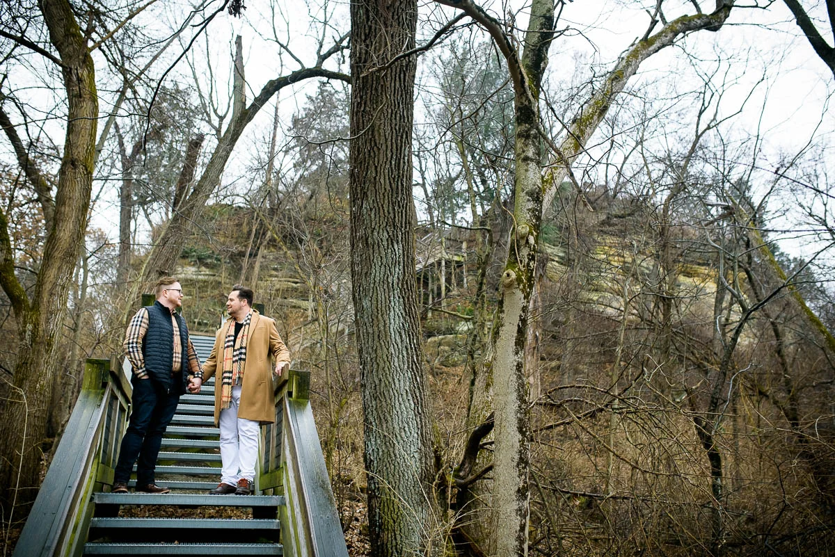 Same sex gay engagement session at Starved Rock State Park Illinois. 
