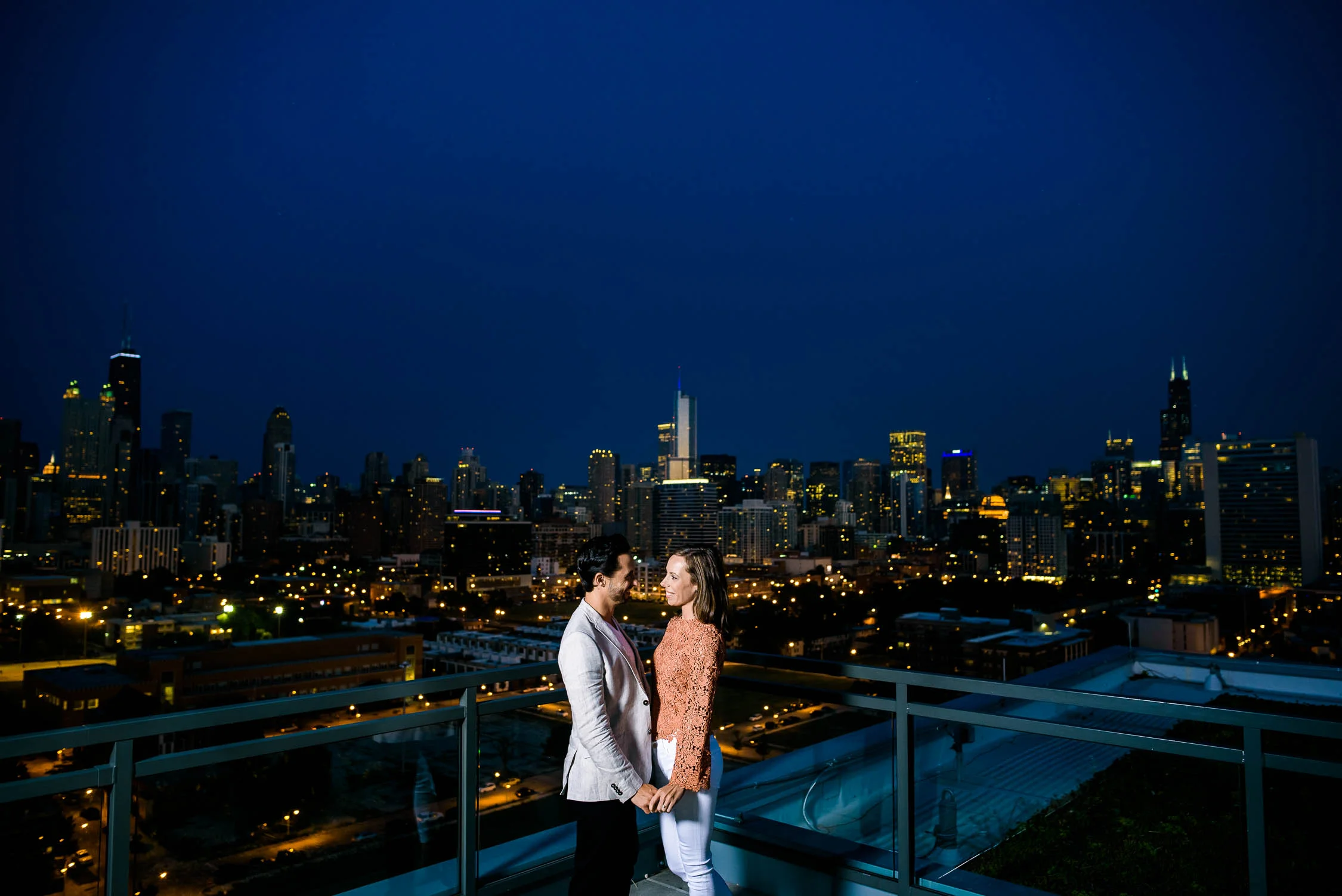 Engagement portrait at dusk with the Chicago Skyline. 