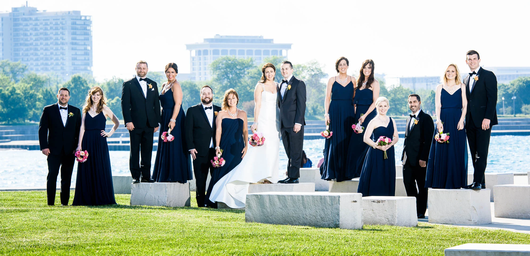 Wedding party photo at the 31st Street Beach before a Bridgeport Art Center wedding in Chicago.