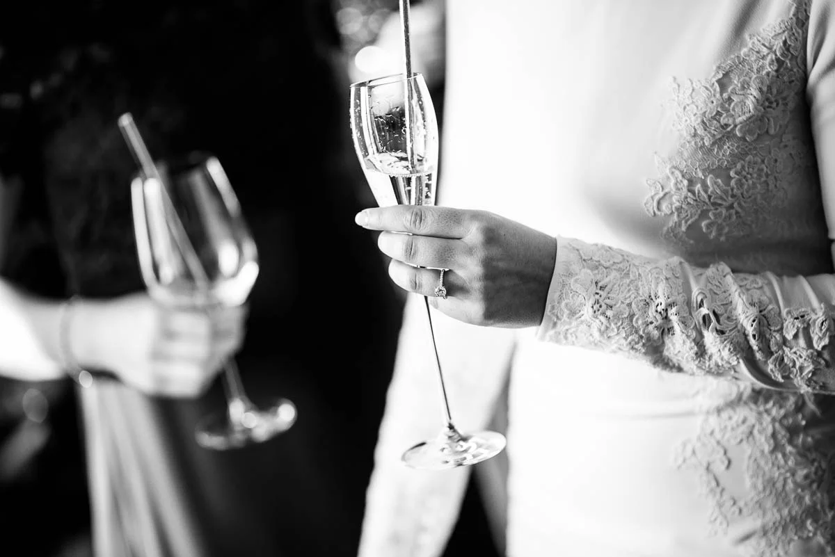 Champagne while getting ready at the Waldorf Astoria during a MCA Chicago winter wedding. 