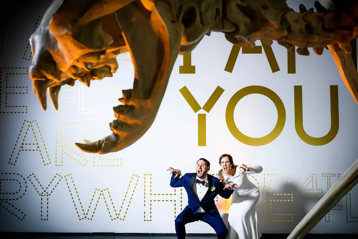 Bride & groom goofing off for a fun and creative wedding portrait at the MCA Chicago. 