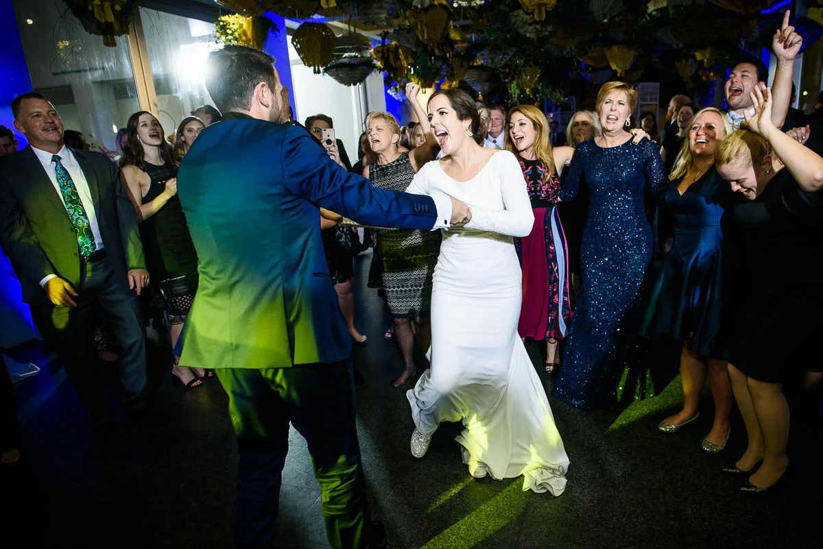 Dance floor moments during a winter wedding at the MCA Chicago.