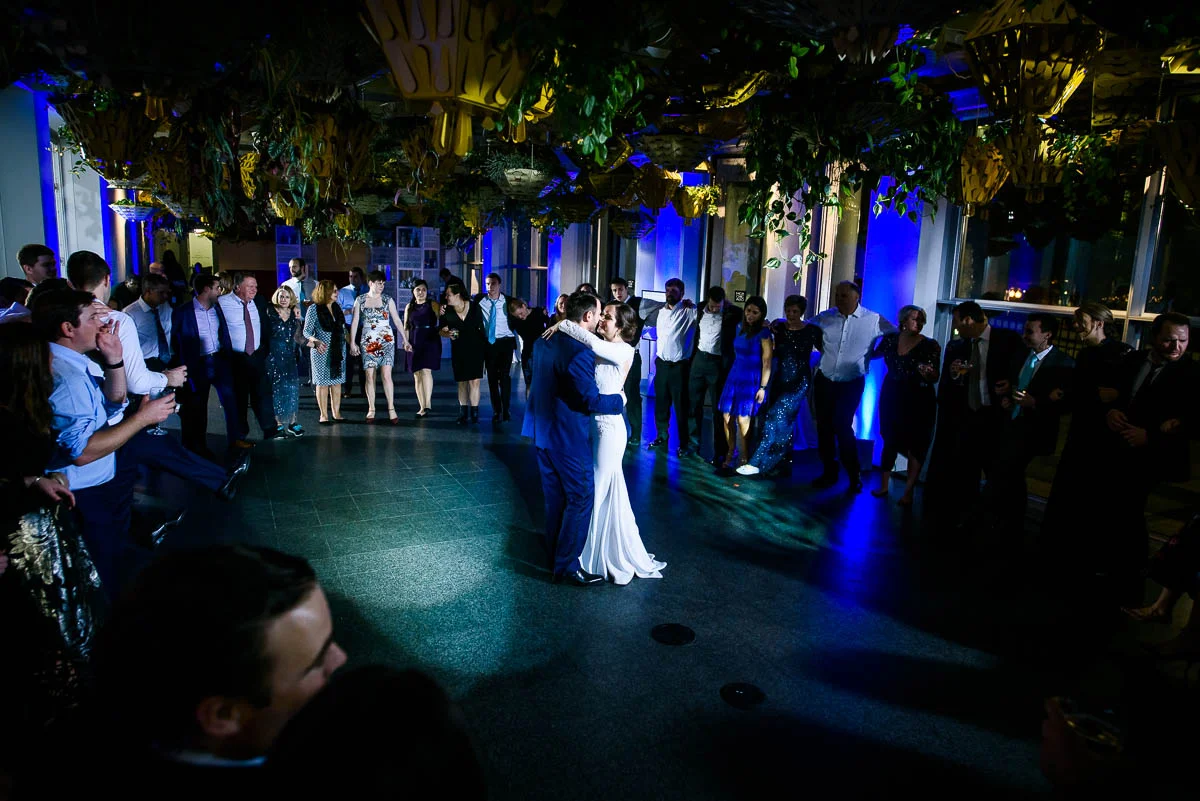 Bride & groom during the last dance for their winter wedding at the MCA Chicago. 