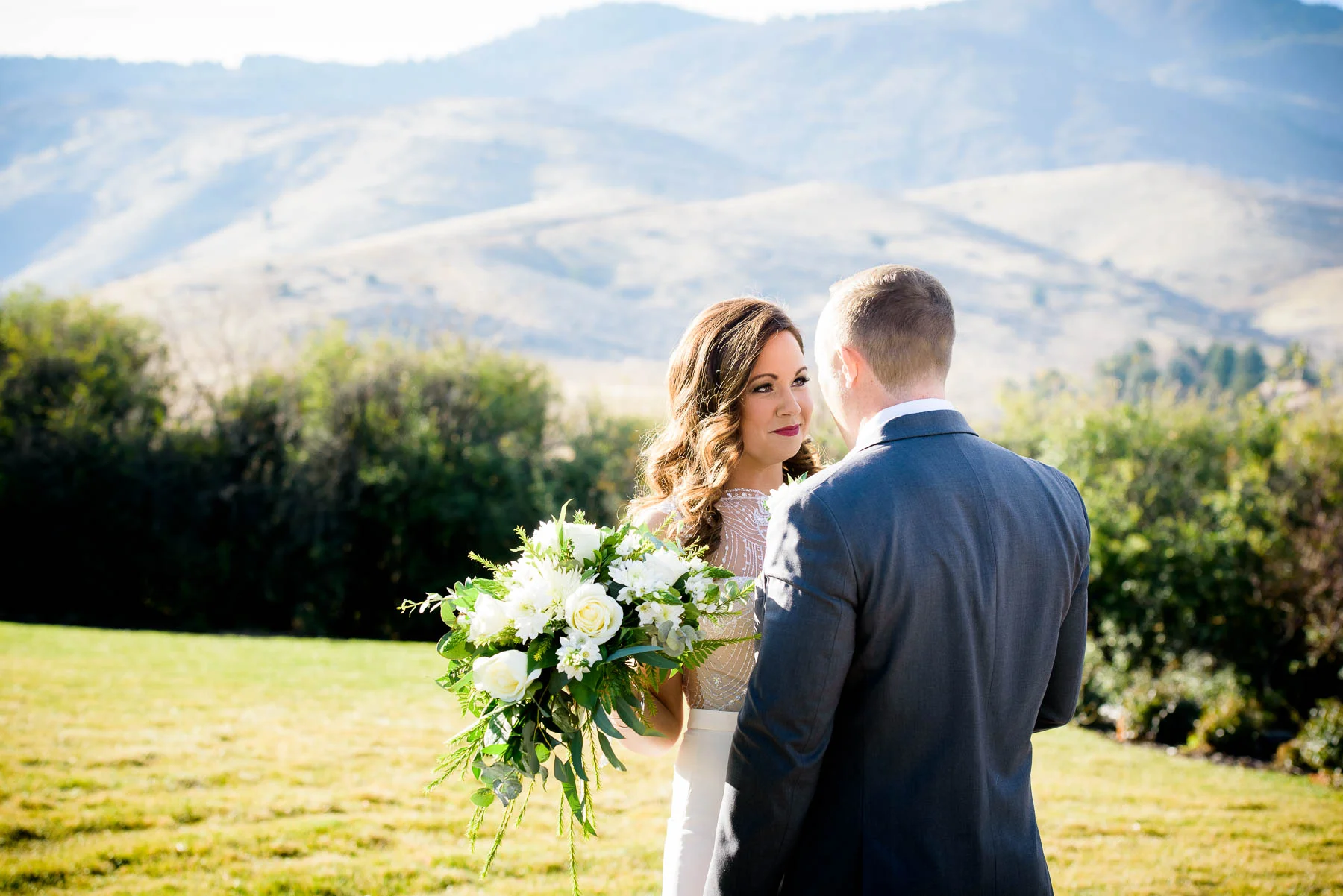 Bride and groom first look during their wedding at the Manor House in Littleton, Colorado. 