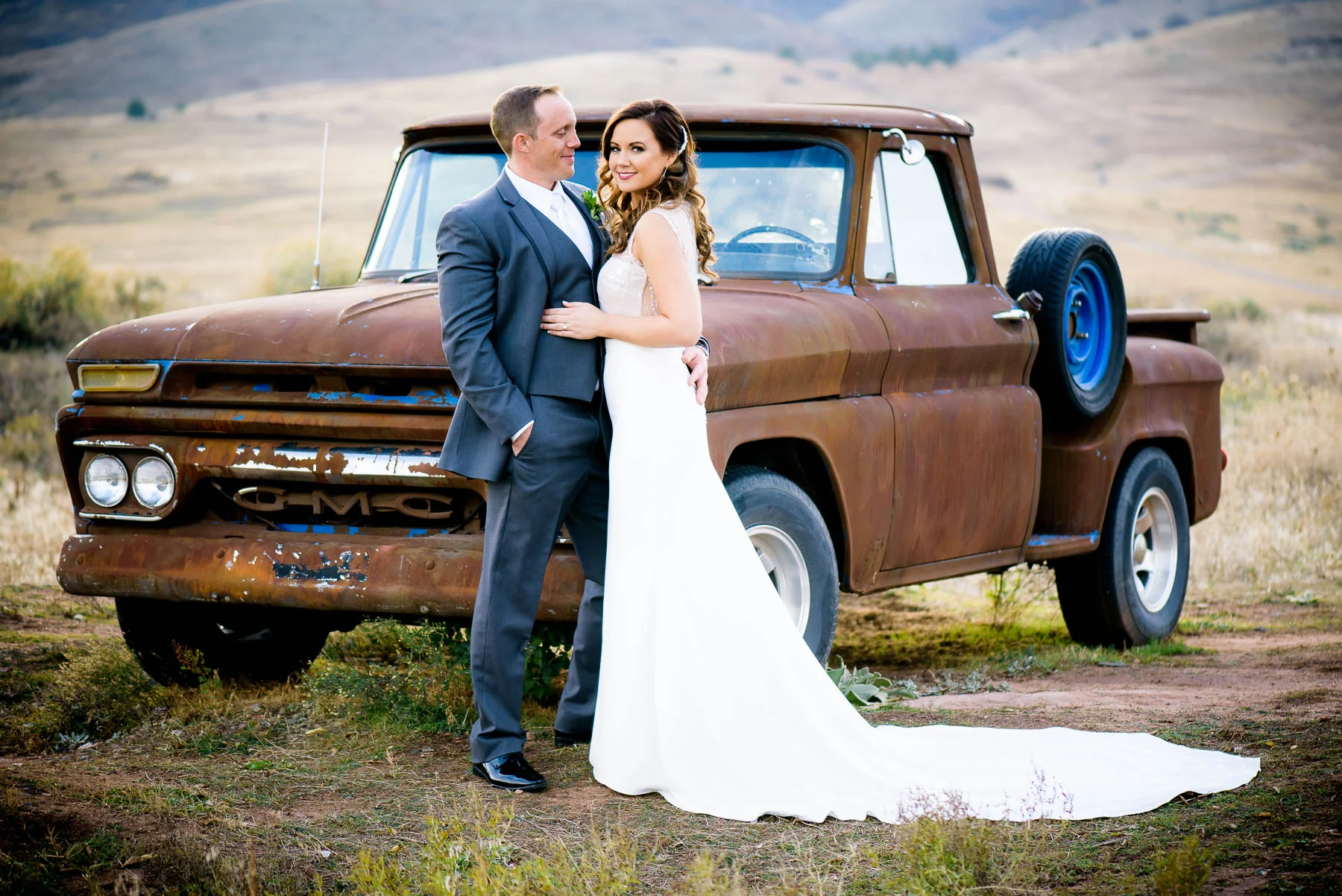 Wedding day portrait of the bride and groom at the Manor House in Littleton, Colorado. 