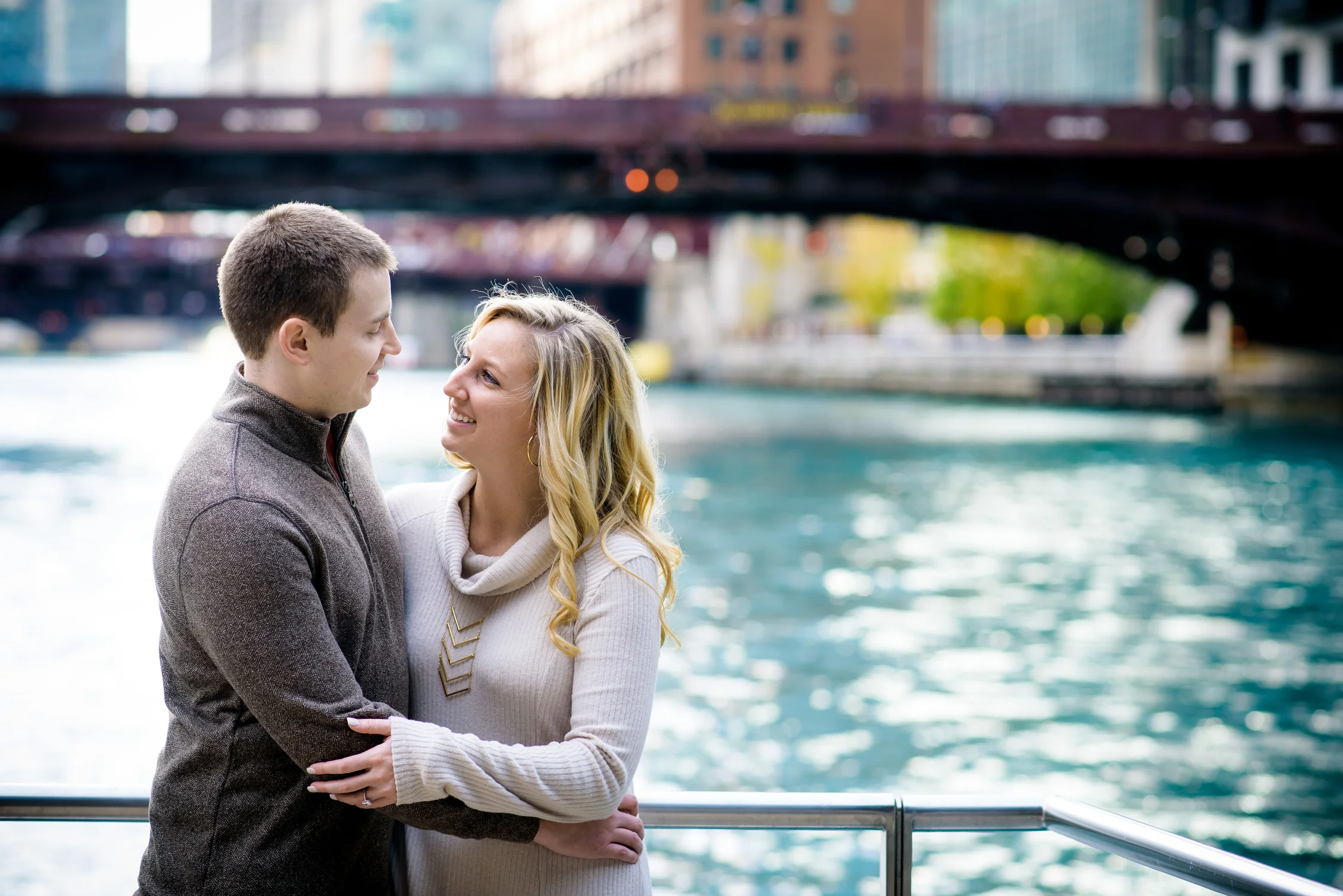 Engagement session at the Chicago Theater, Chicago Riverwalk, Lincoln Park and lakefront skyline. 