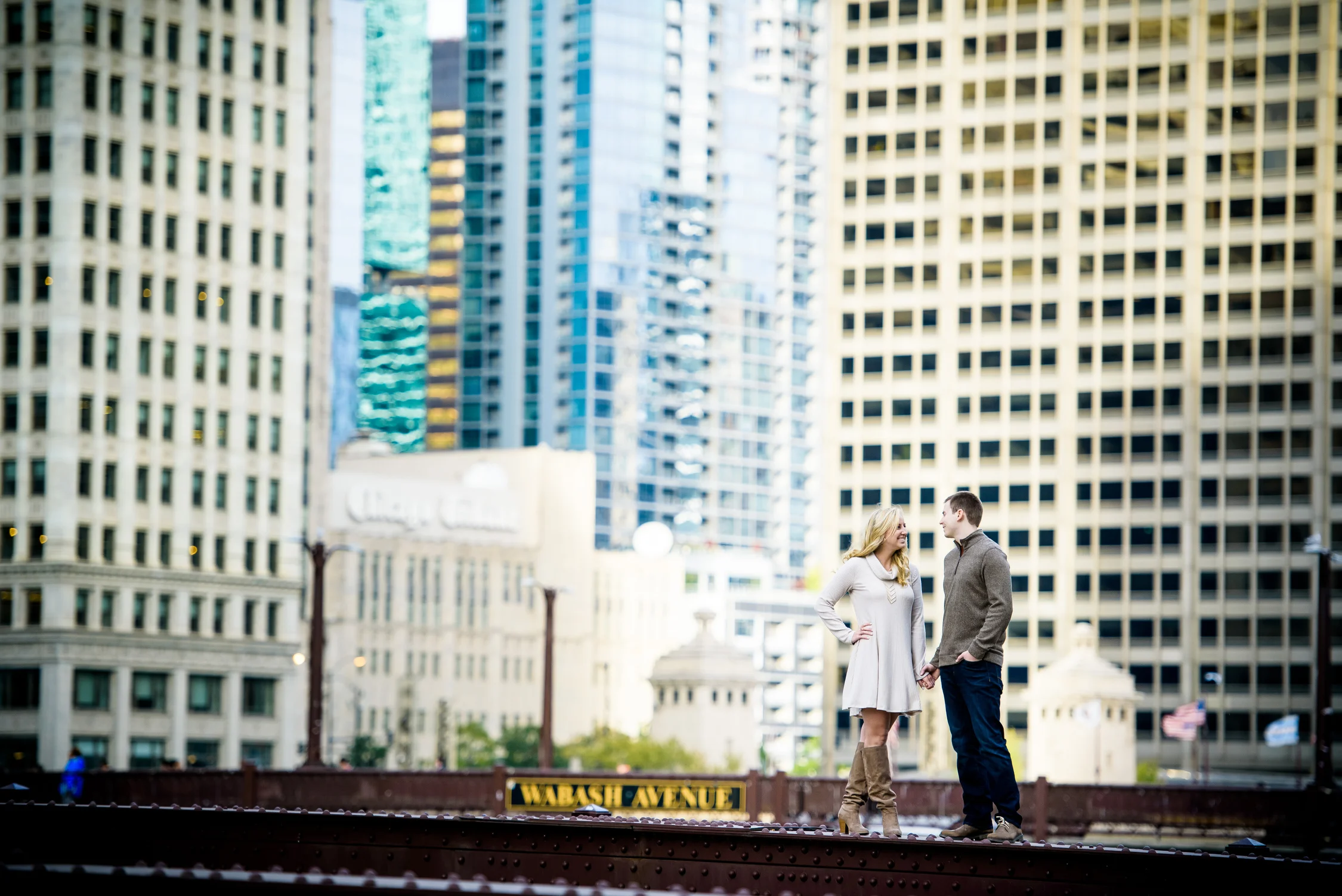 Engagement session at the Chicago Theater, Chicago Riverwalk, Lincoln Park and lakefront skyline. 