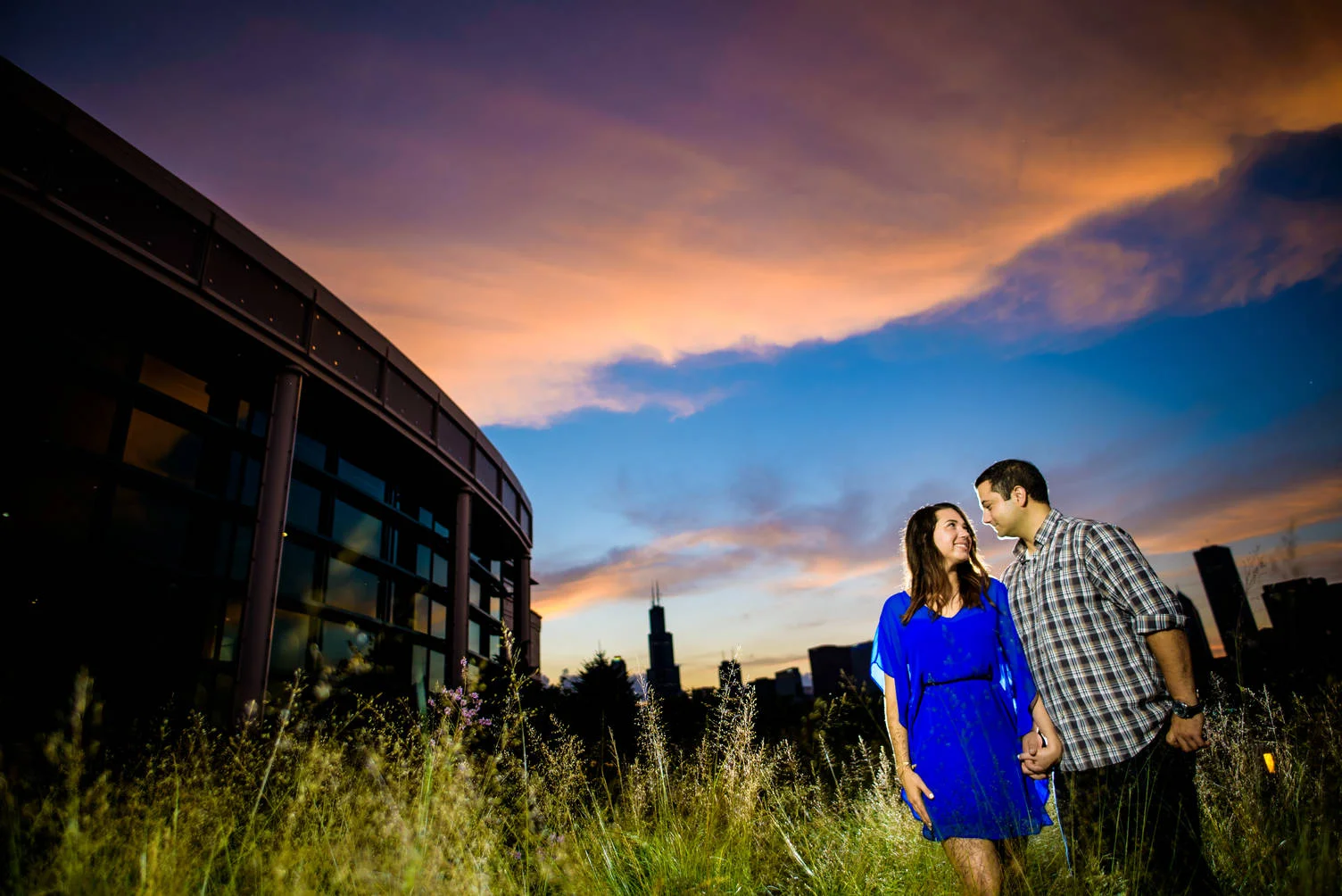 Sunset skyline engagement session at the Chicago museum campus.