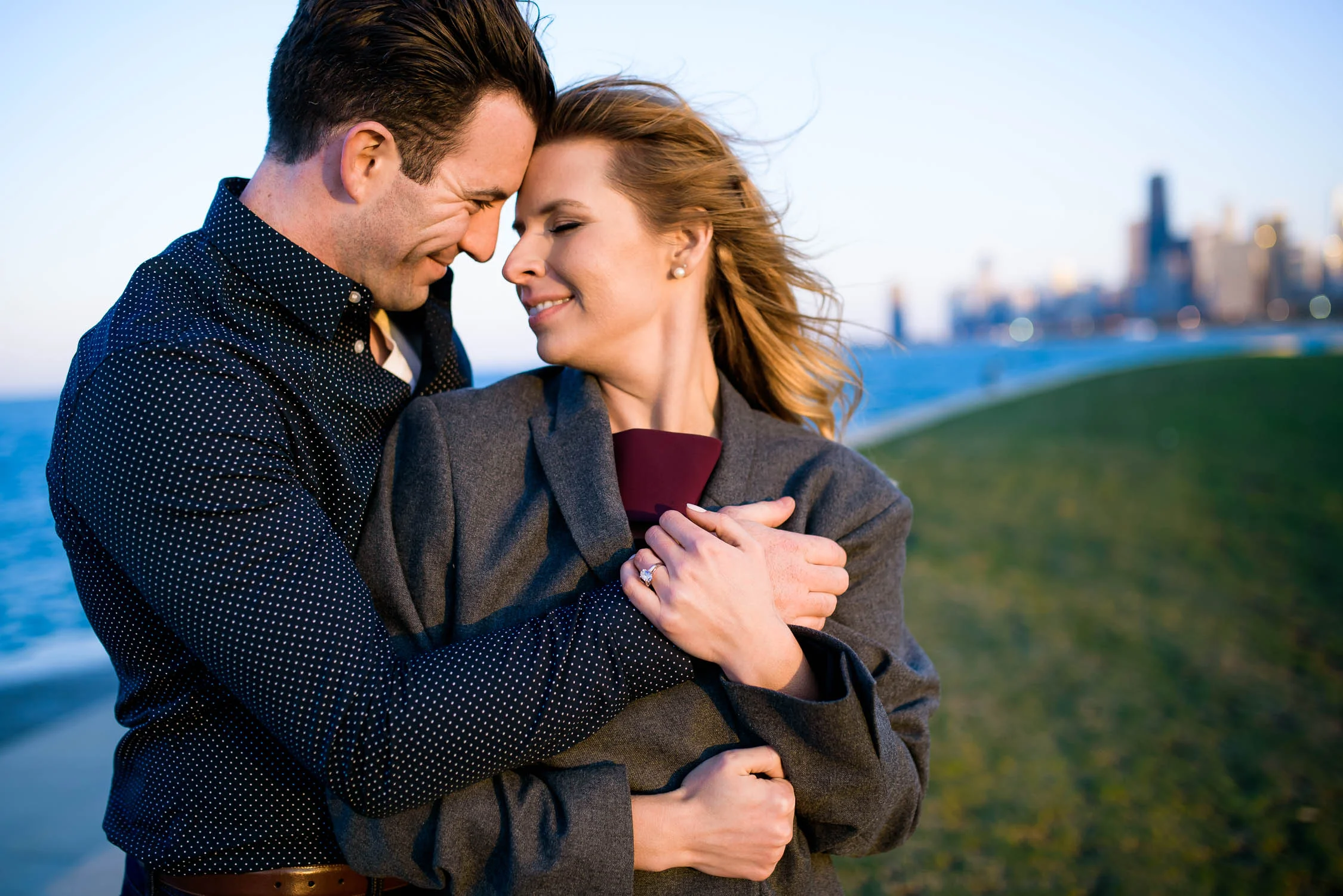 Creative fine art engagement session near Theater on the Lake with the Chicago skyline. 