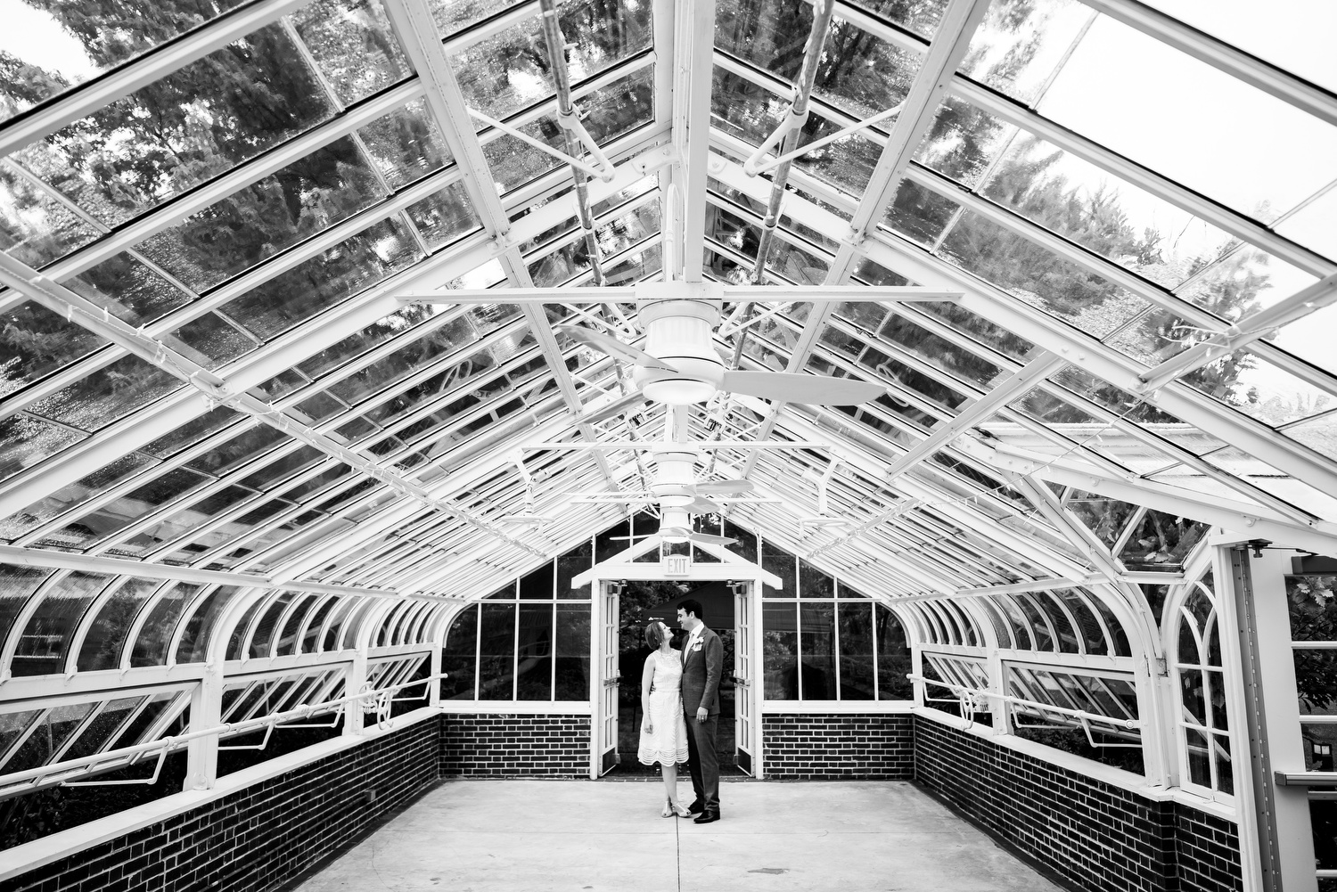 Greenhouse portrait of the bride and groom during a Cheney Mansion wedding in Oak Park. 