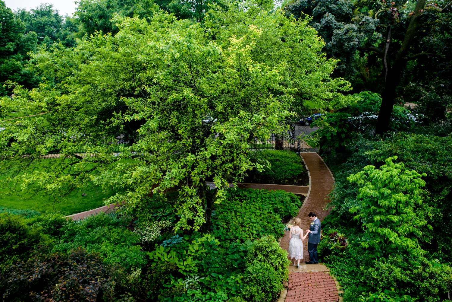 Outdoor photo of the couple during a Cheney Mansion wedding in Oak Park. 
