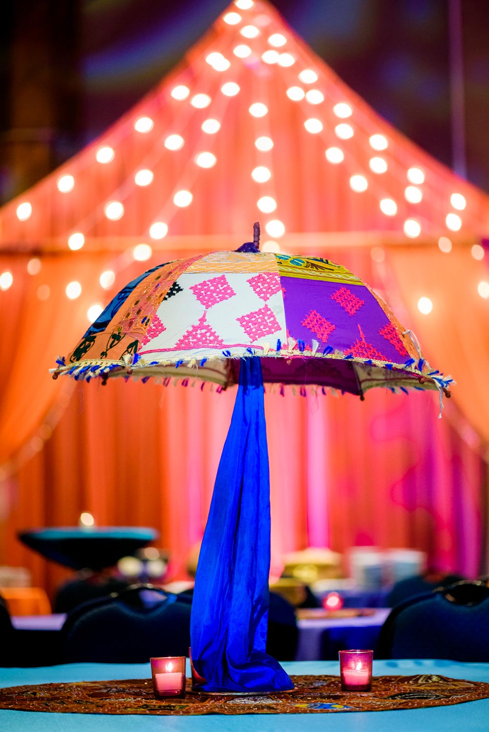 Decor at an Indian wedding sangeet at Stonegate Banquets in Hoffman Estates. 