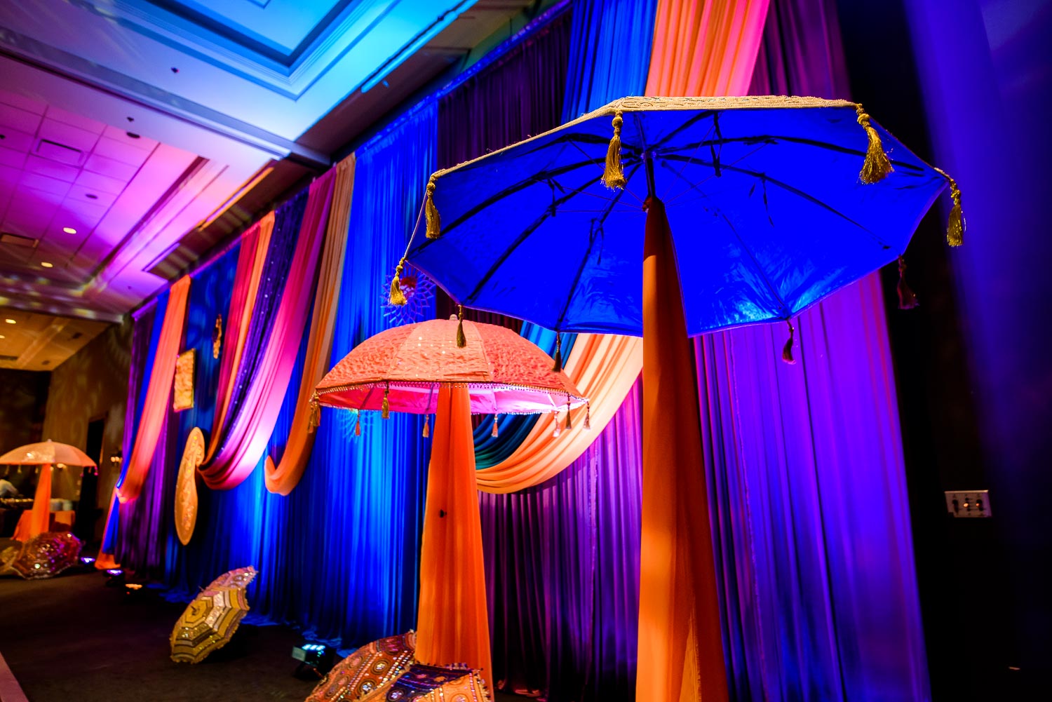 Decor at an Indian wedding sangeet at Stonegate Banquets in Hoffman Estates.