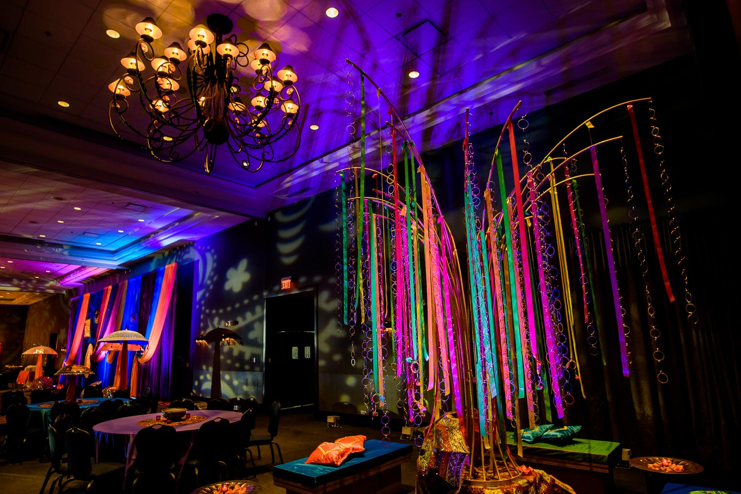 Decor at an Indian wedding sangeet at Stonegate Banquets in Hoffman Estates. 