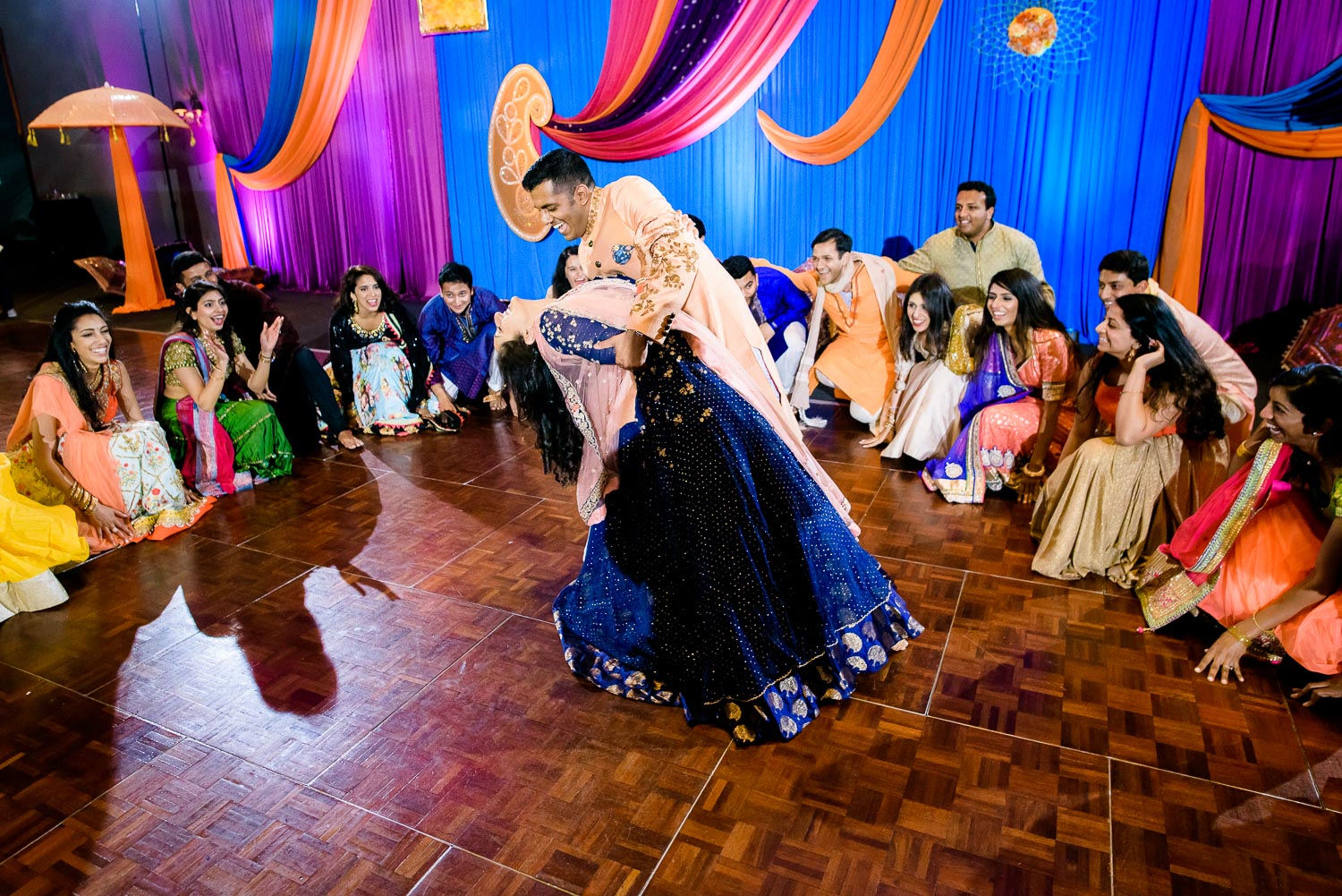 Wedding party dances during an Indian wedding sangeet at Stonegate Banquets in Hoffman Estates.
