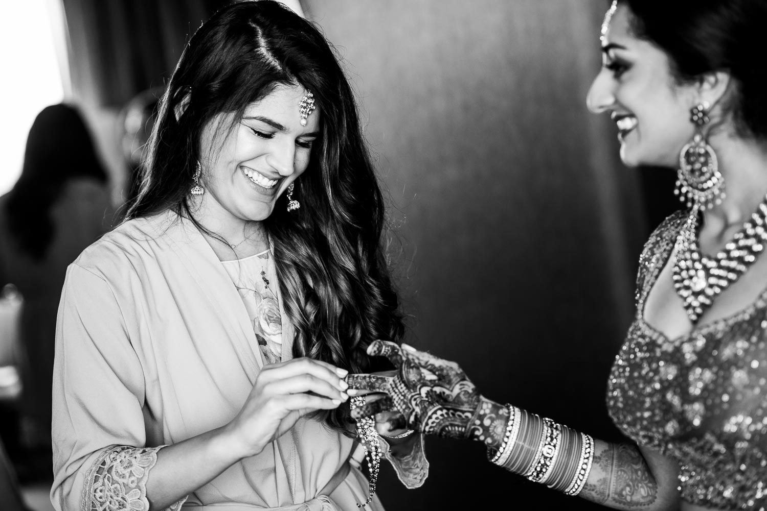 Bridal party getting ready during a Renaissance Schaumburg Convention Center Indian wedding.