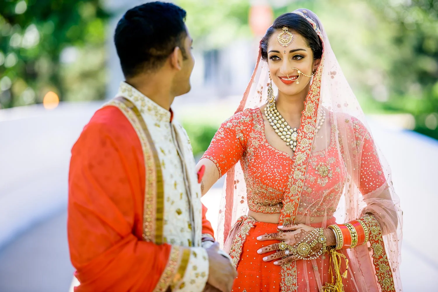 First look during a Renaissance Schaumburg Convention Center Indian wedding.