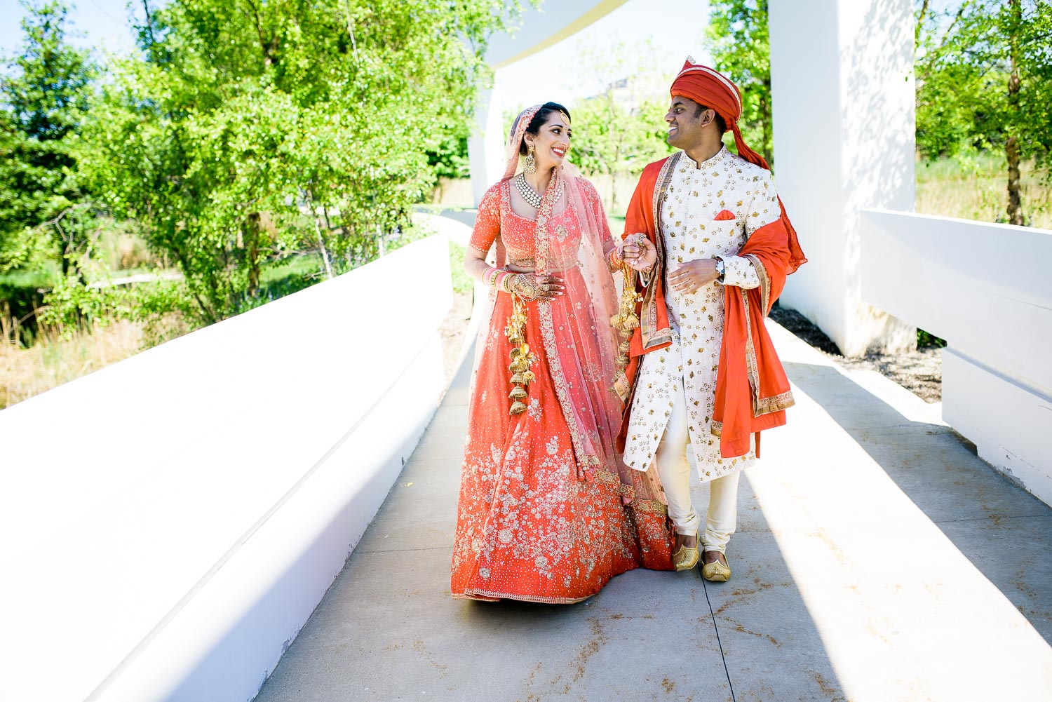 Portrait of bride and groom during their Renaissance Schaumburg Convention Center Indian wedding.