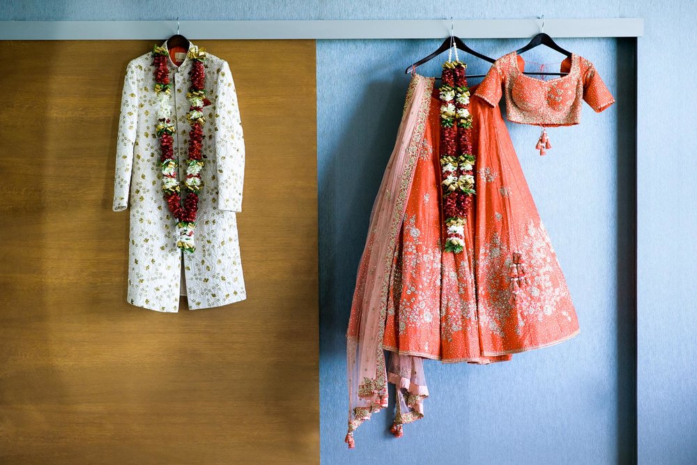 Wedding dress detail photos during a Renaissance Schaumburg Convention Center Indian wedding.