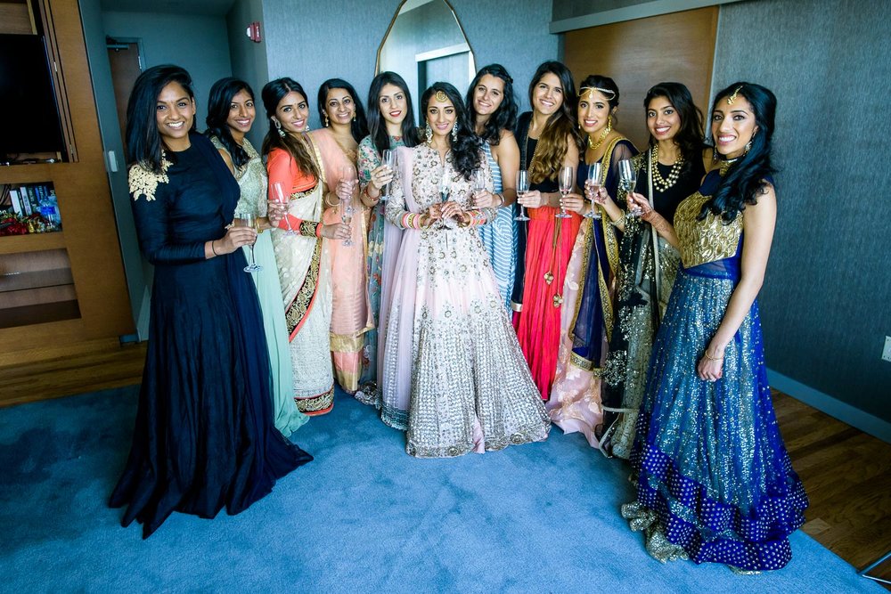 Bride and bridesmaids during a Renaissance Schaumburg Convention Center Indian wedding.