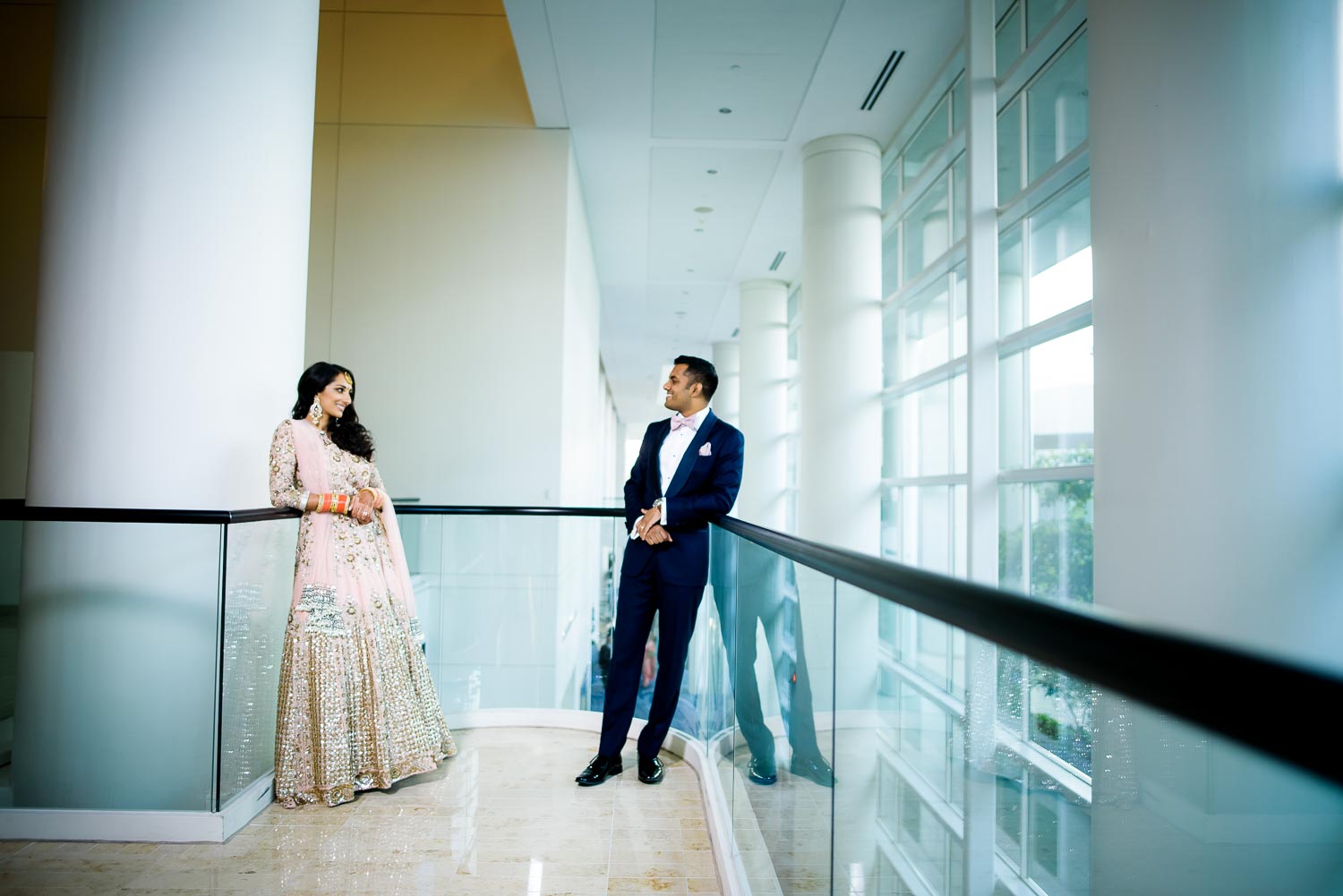 Portrait of bride and groom during a Renaissance Schaumburg Convention Center Indian wedding.