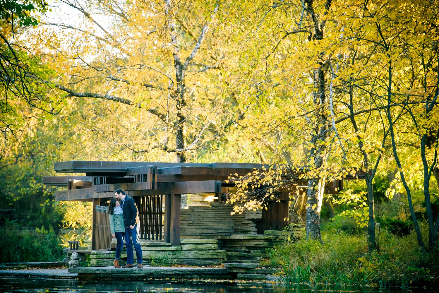 Caldwell Lily Pond engagement photo at sunset in Chicago.