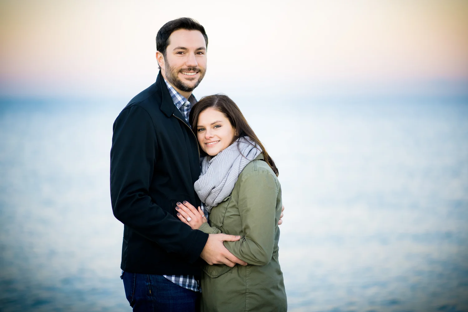 Creative sunset lakefront Chicago engagement photo.