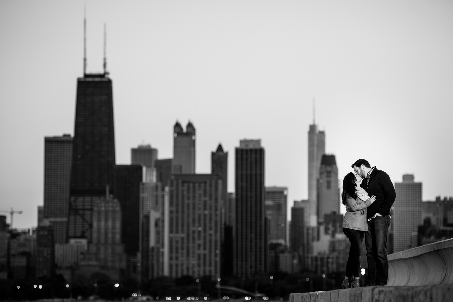 Chicago skyline engagement photo at sunset.