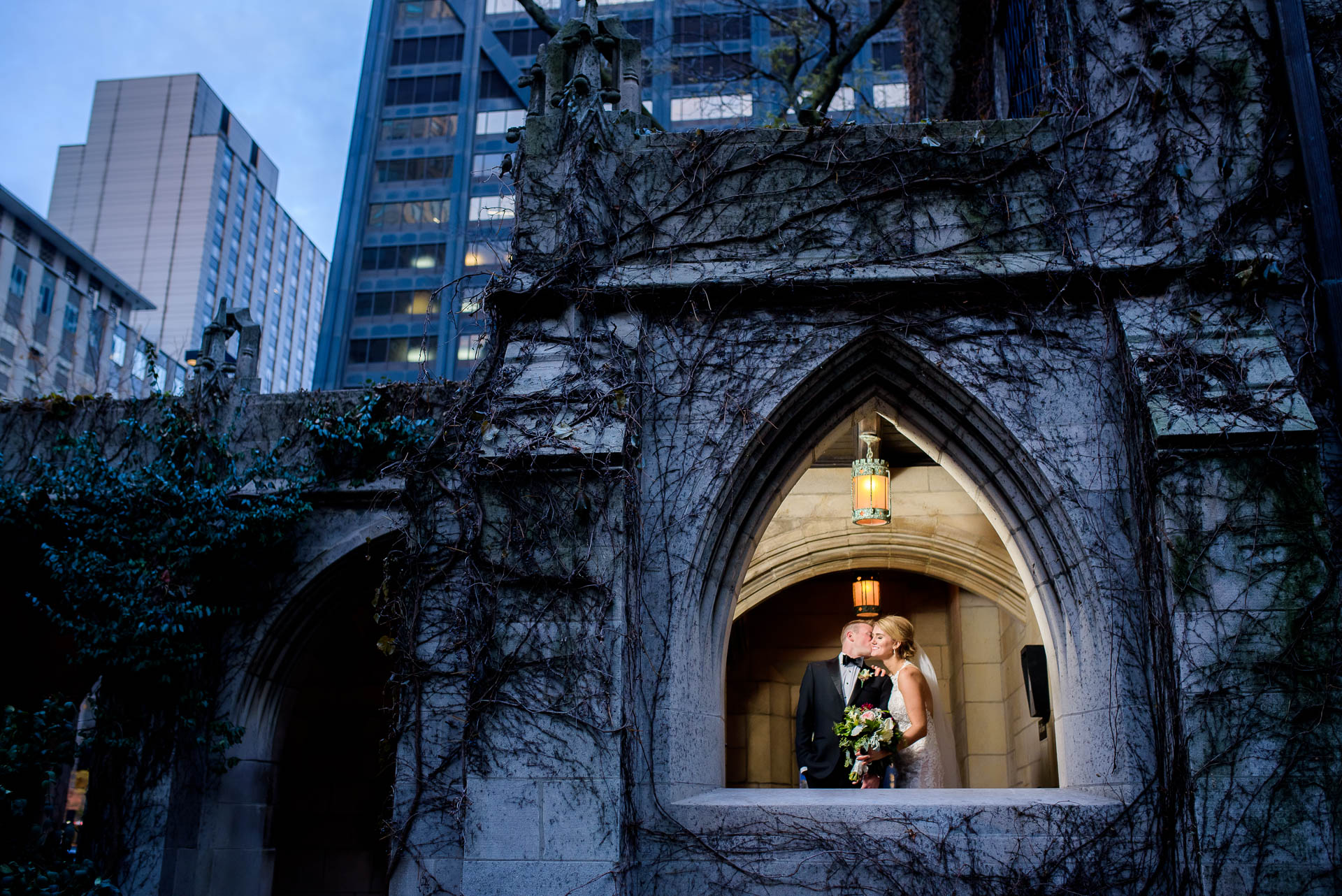 Creative wedding portrait of bride and groom at Fourth Presbyterian Church in Chicago.