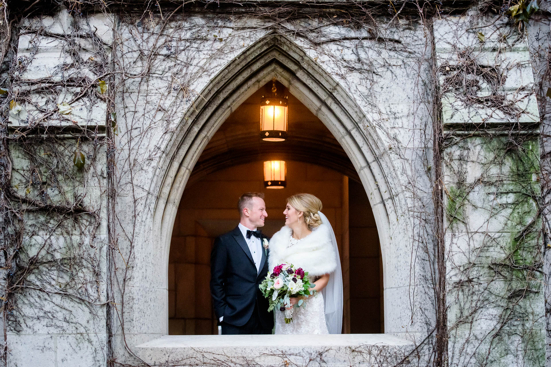 Creative wedding portrait of bride and groom at Fourth Presbyterian Church in Chicago.