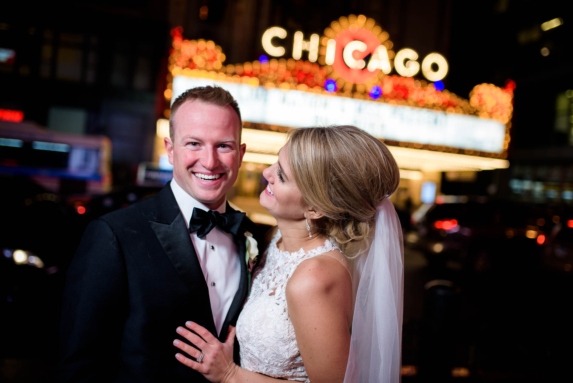 Wedding night portrait at the Chicago Theater.