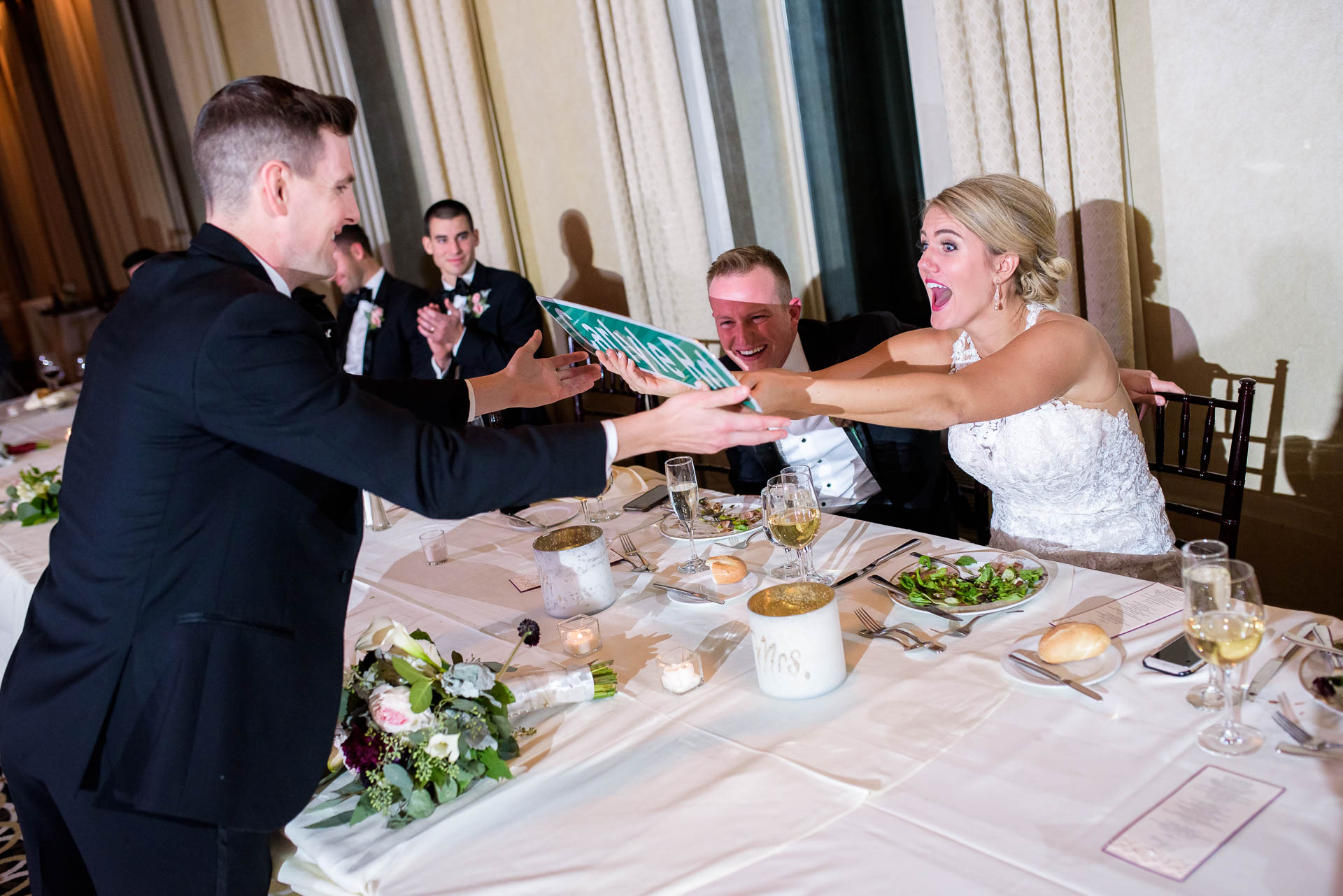 Best men toast during their wedding reception at the Mid America Club in Chicago.