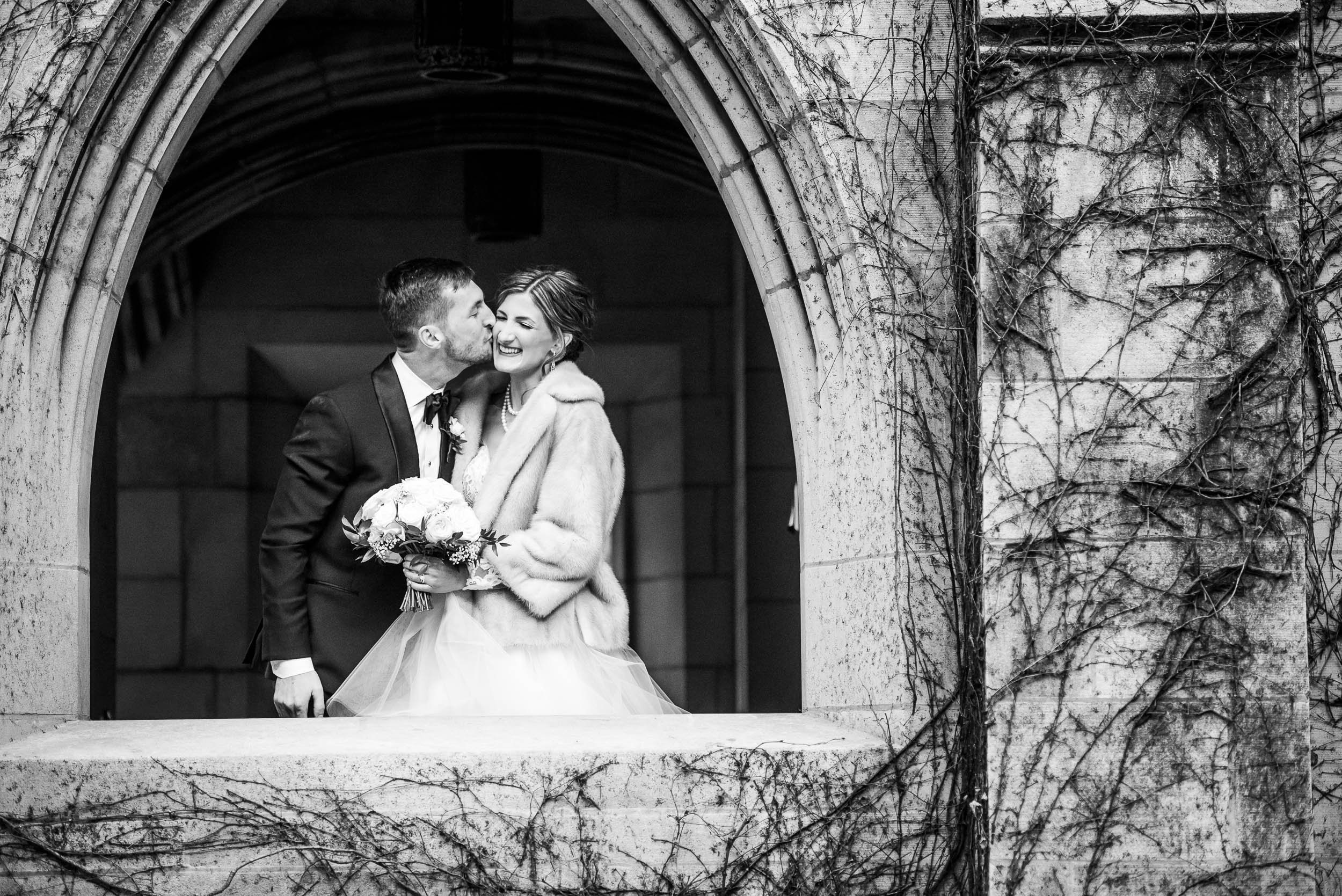 Creative fun wedding day portrait during a Fourth Presbyterian Church wedding.