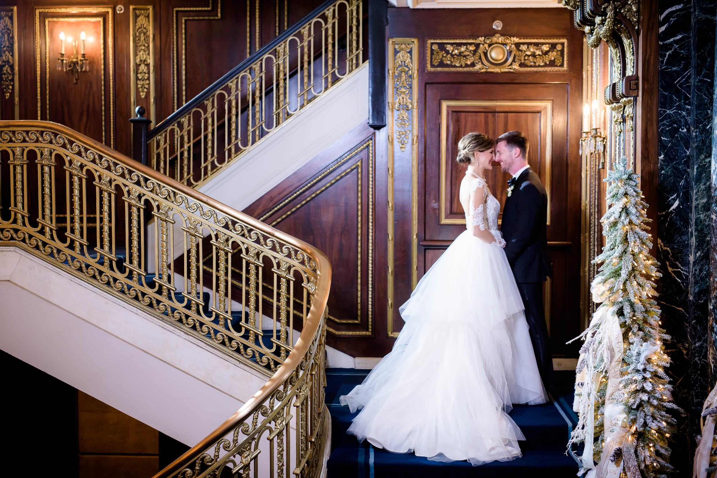 Creative photo of bride and groom at the Blackstone Chicago.