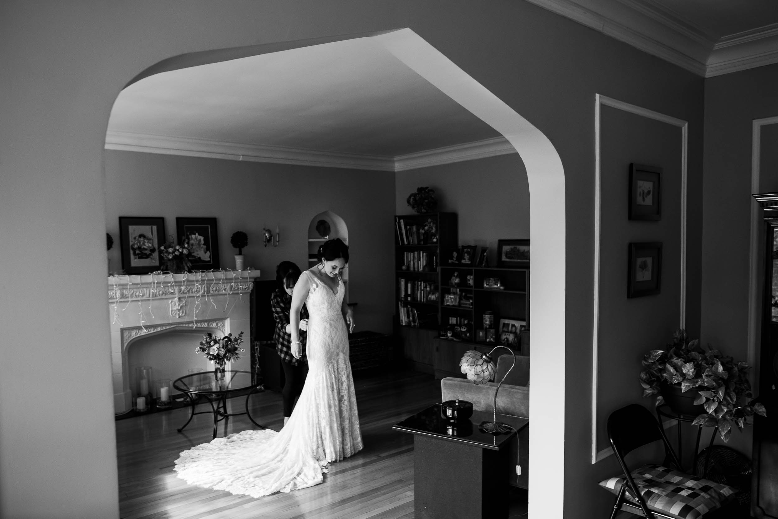 Bride getting ready at her mother's home before her Loft on Lake Chicago wedding.