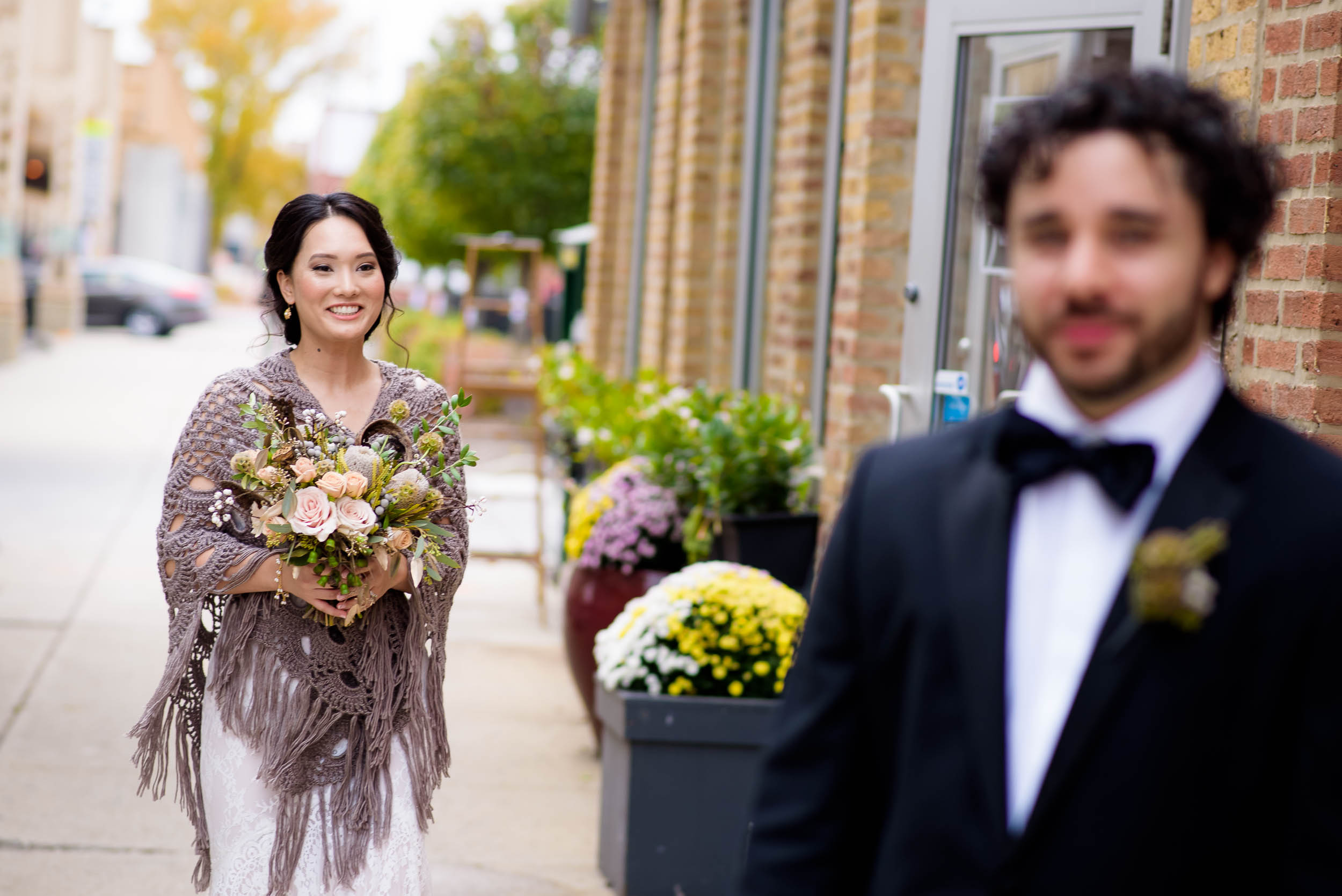 Bride walks to the groom for the first look before their Loft on Lake Chicago wedding.