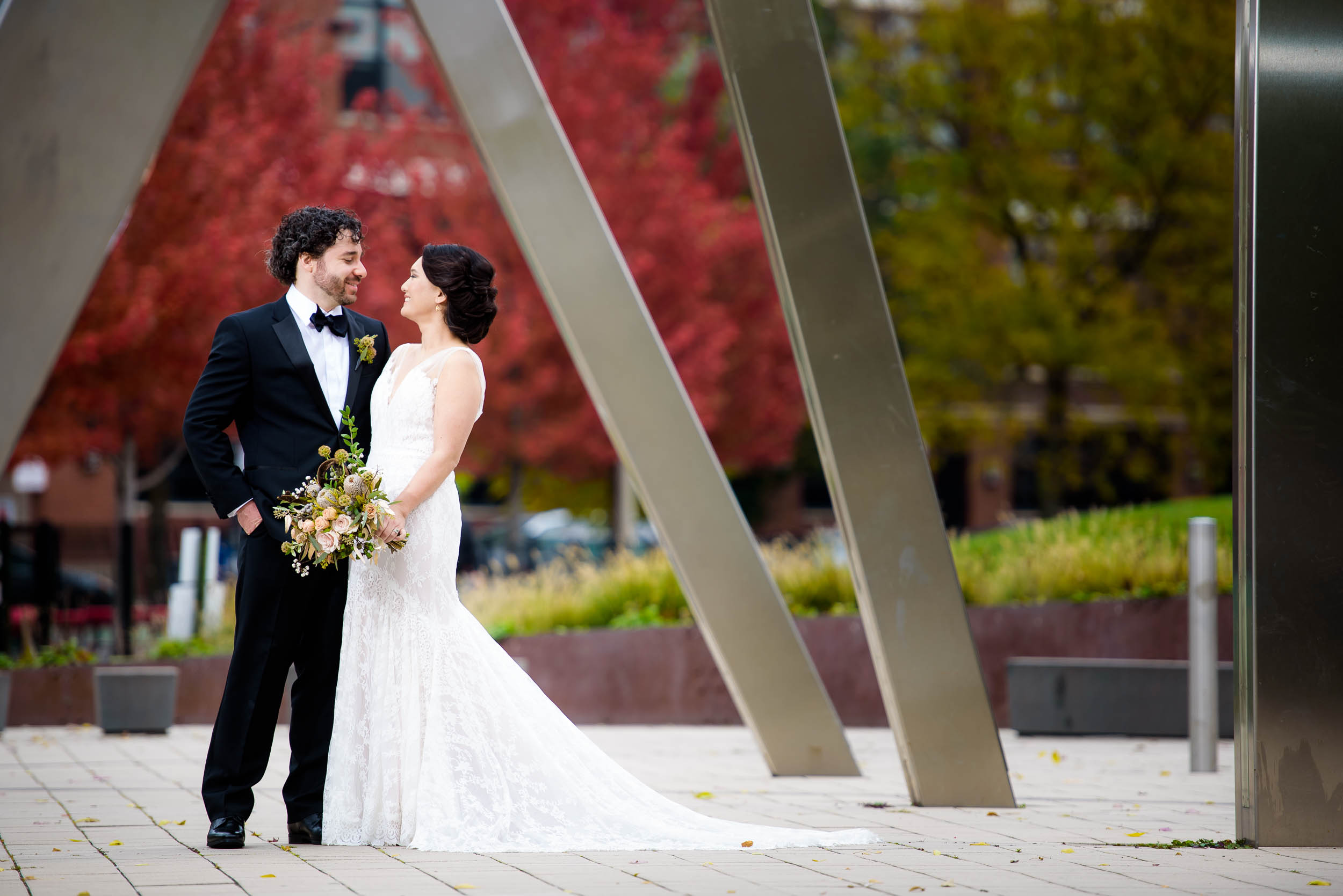 Modern wedding photo of bride and groom at Mary Bartelme Park Chicago.