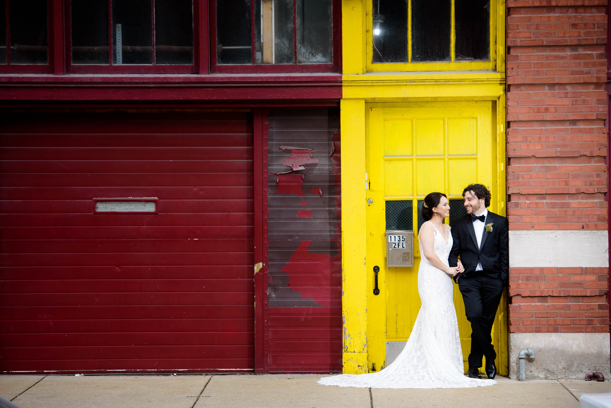Creative wedding photo outside the Mars Gallery before a Loft on Lake Chicago wedding.