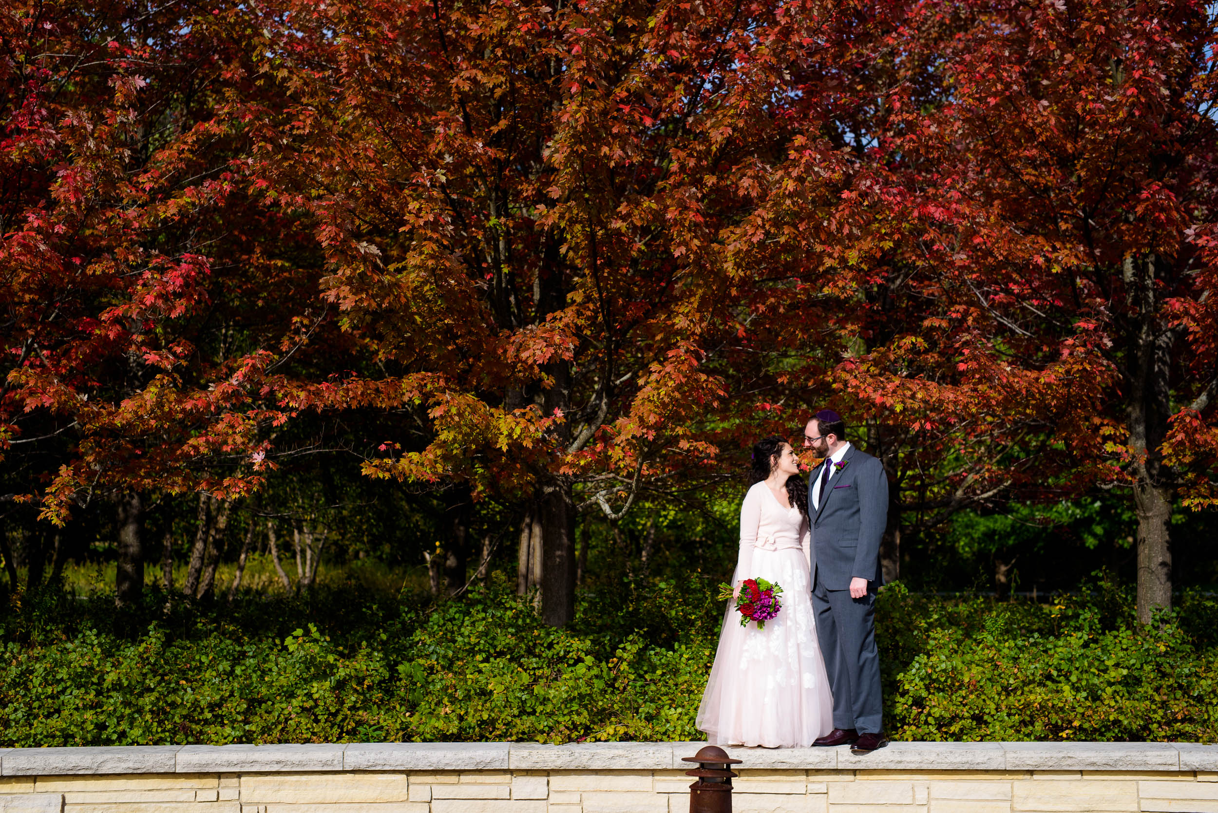 Fall colors wedding day portrait during an Independence Grove Chicago wedding.  