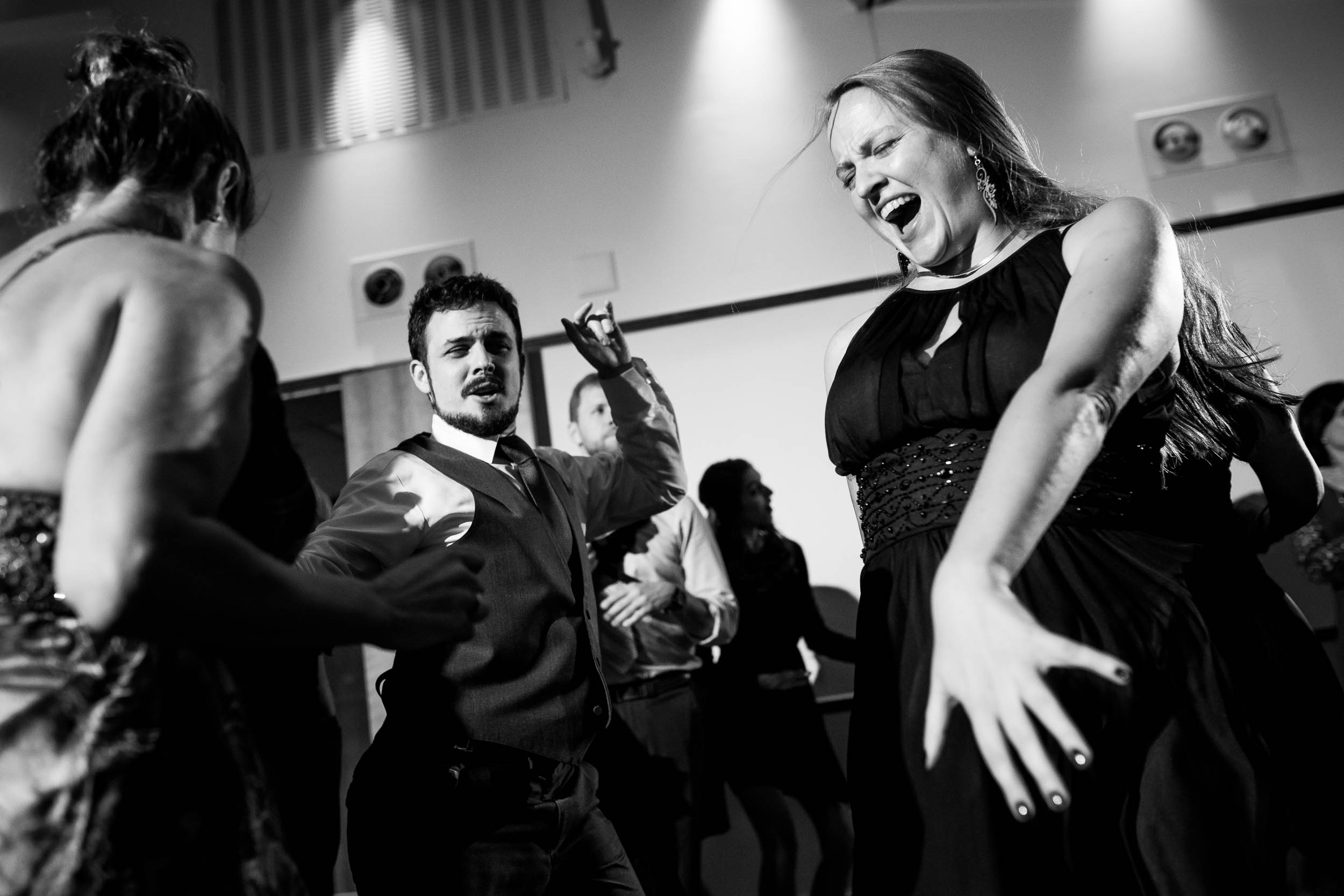 Fun dance floor moment during an Independence Grove Chicago wedding.  