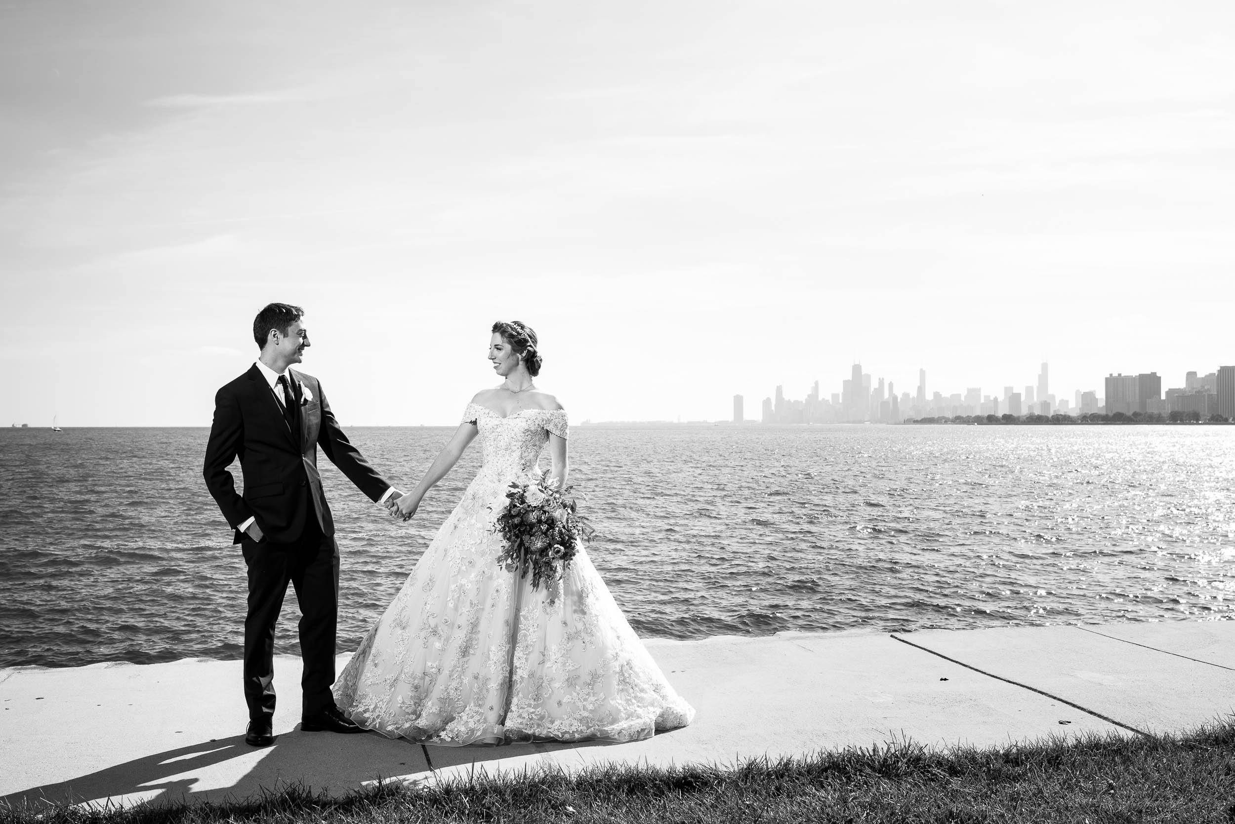 Bride and groom portrait at Montrose Harbor Chicago.